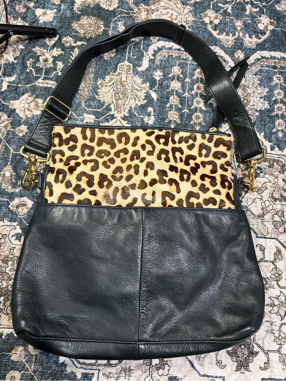Margot Black Leather Leopard Calf Hair Crossbody Bag